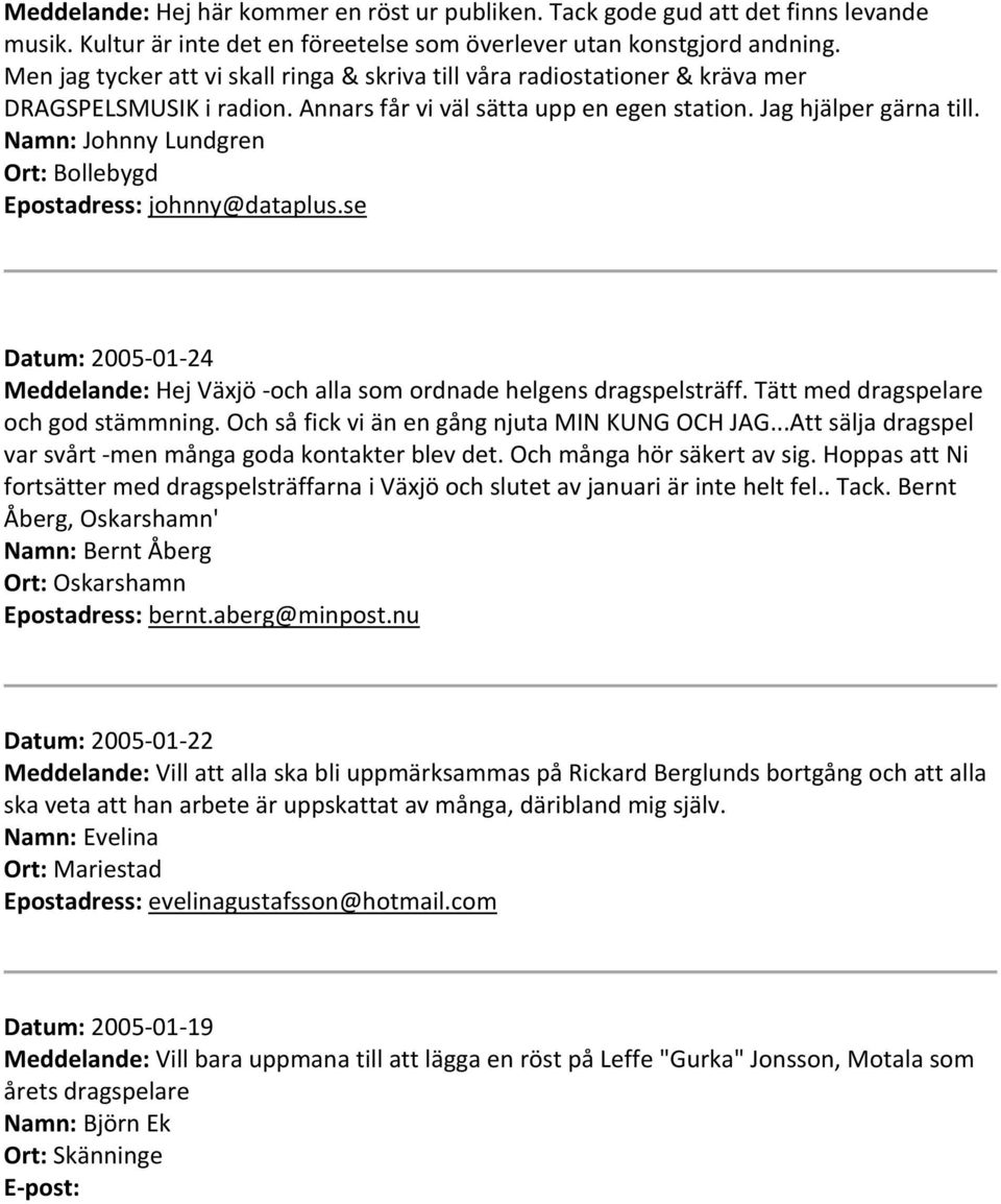 Namn: Johnny Lundgren Ort: Bollebygd Epostadress: johnny@dataplus.se Datum: 2005 01 24 Meddelande: Hej Växjö och alla som ordnade helgens dragspelsträff. Tätt med dragspelare och god stämmning.