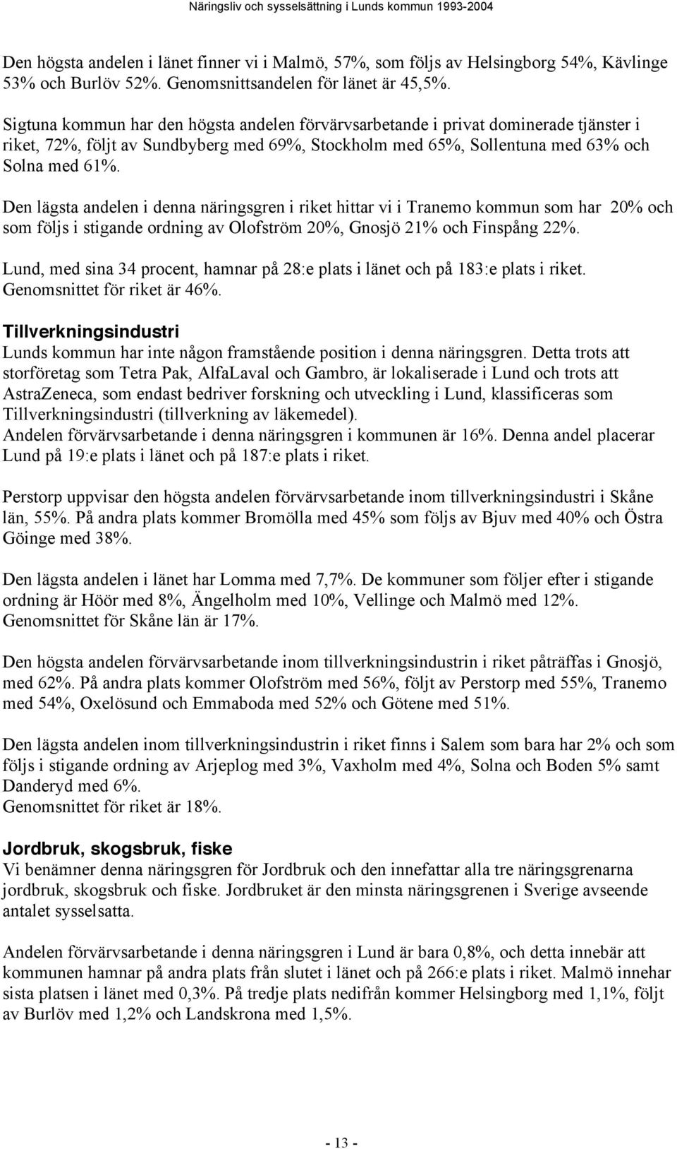 Den lägsta andelen i denna näringsgren i riket hittar vi i Tranemo kommun som har 20% och som följs i stigande ordning av Olofström 20%, Gnosjö 21% och Finspång 22%.