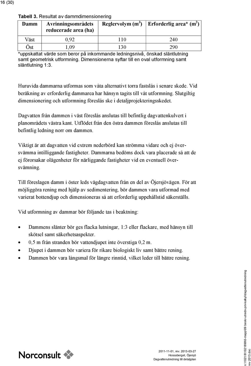 ledningsnivå, önskad släntlutning samt geometrisk utformning. Dimensionerna syftar till en oval utformning samt släntlutning 1:3.