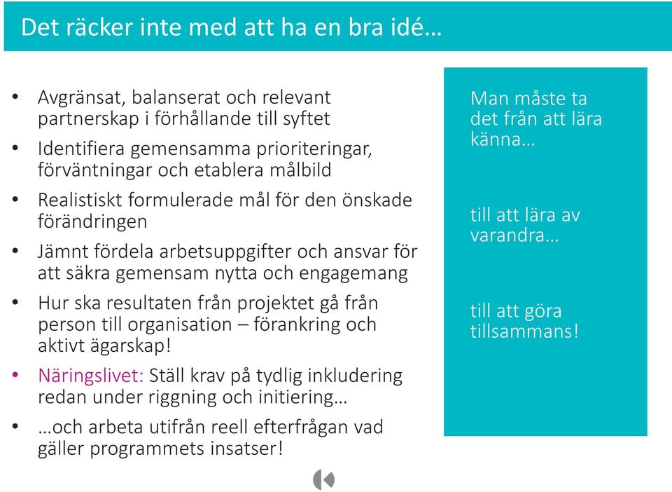 ska resultaten från projektet gå från person till organisation förankring och aktivt ägarskap!