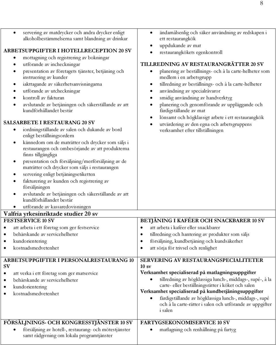 och säkerställande av att kundförhållandet består SALSARBETE I RESTAURANG 20 SV iordningställande av salen och dukande av bord enligt beställningsordern kännedom om de maträtter och drycker som säljs