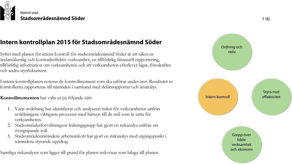 I intern kontrollplanen noteras de kontrollmoment som ska utföras under året. Resultatet av kontrollerna rapporteras till nämnden i samband med delårsrapporter och årsanalys.