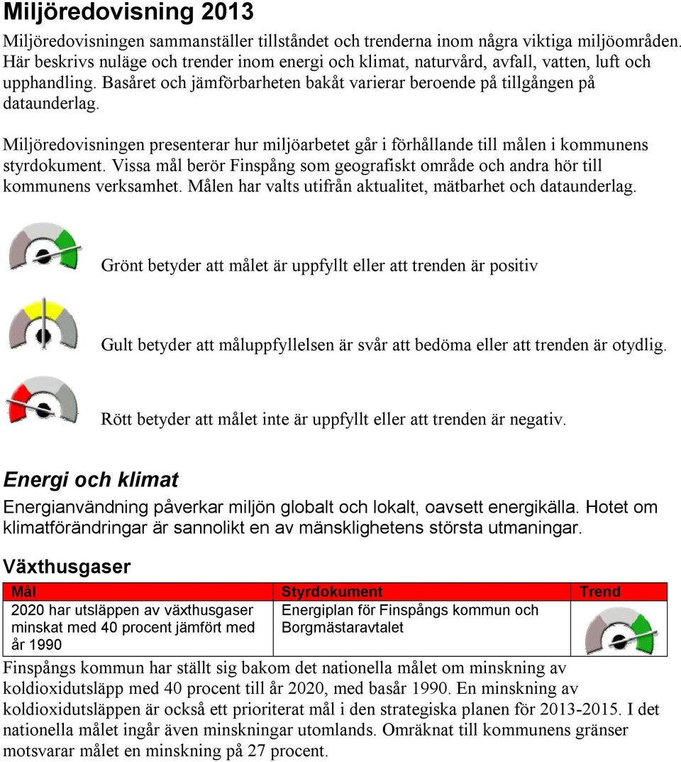 Miljöredovisningen presenterar hur miljöarbetet går i förhållande till målen i kommunens styrdokument. Vissa mål berör Finspång som geografiskt område och andra hör till kommunens verksamhet.