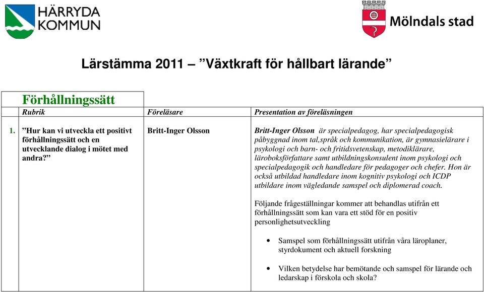 Britt-Inger Olsson Britt-Inger Olsson är specialpedagog, har specialpedagogisk påbyggnad inom tal,språk och kommunikation, är gymnasielärare i psykologi och barn- och fritidsvetenskap, metodiklärare,