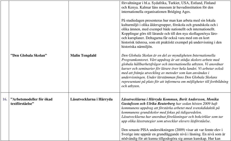 På studiedagen presenteras hur man kan arbeta med sin lokala kulturmiljö i olika åldersgrupper, förskola och grundskola och i olika ämnen, med exempel både nationellt och internationellt.