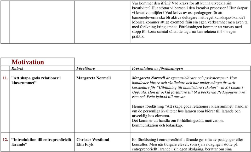 Föreläsningen kommer att varvas med stopp för korta samtal så att deltagarna kan relatera till sin egen praktik. Motivation Rubrik Föreläsare Presentation av föreläsningen 11.