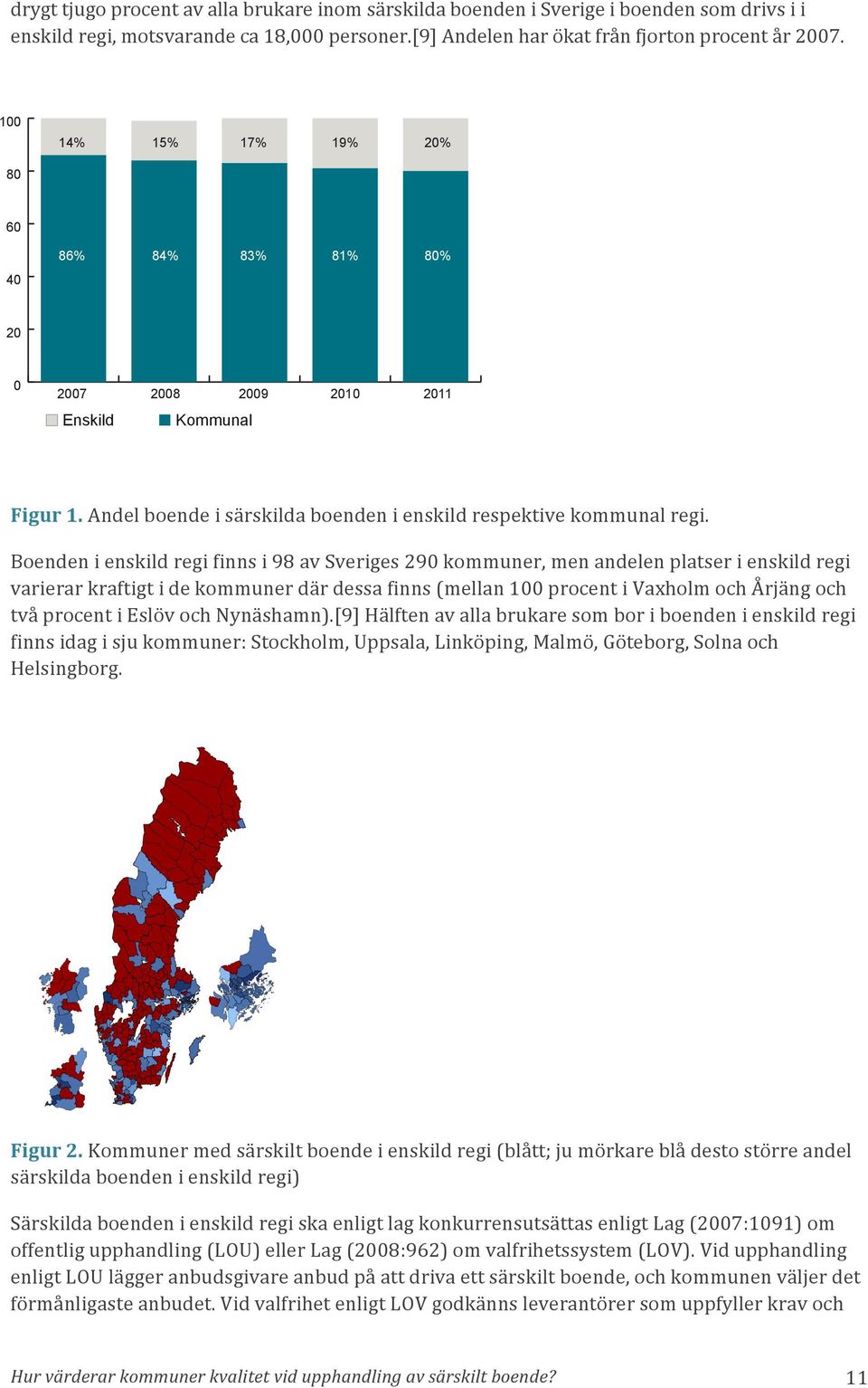 Boenden i enskild regi finns i 98 av Sveriges 290 kommuner, men andelen platser i enskild regi varierar kraftigt i de kommuner där dessa finns (mellan 100 procent i Vaxholm och Årjäng och två procent