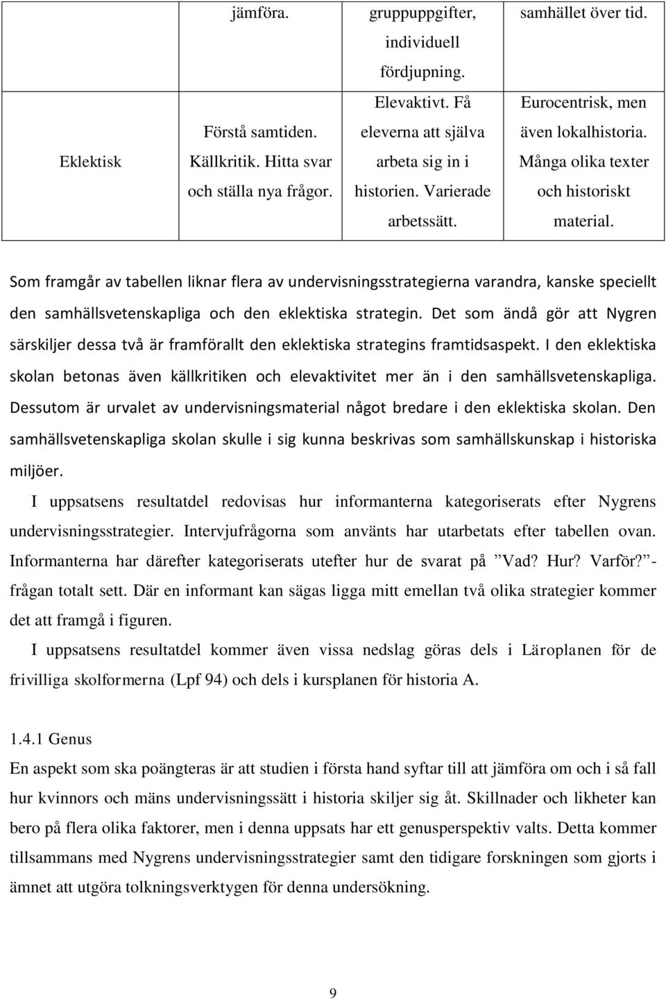 Som framgår av tabellen liknar flera av undervisningsstrategierna varandra, kanske speciellt den samhällsvetenskapliga och den eklektiska strategin.