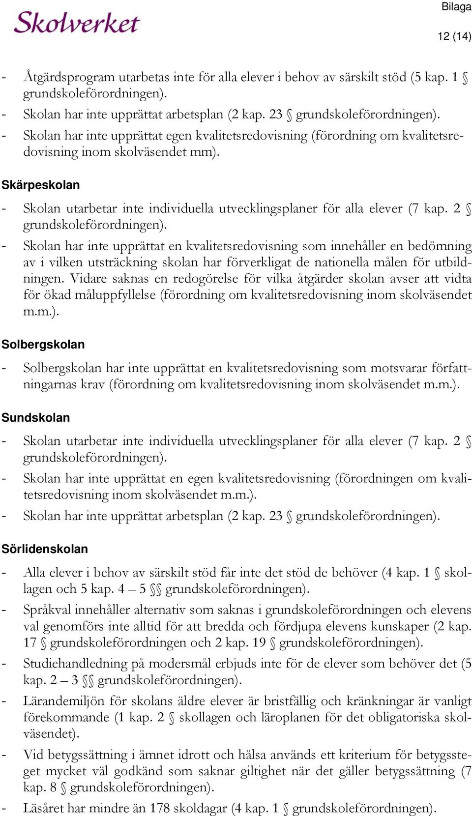 Skärpeskolan - Skolan utarbetar inte individuella utvecklingsplaner för alla elever (7 kap. 2 grundskoleförordningen).