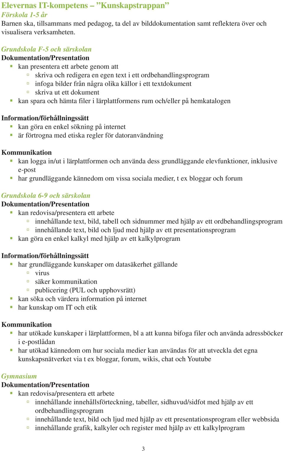 dokument kan spara och hämta filer i lärplattformens rum och/eller på hemkatalogen Information/förhållningssätt kan göra en enkel sökning på internet är förtrogna med etiska regler för