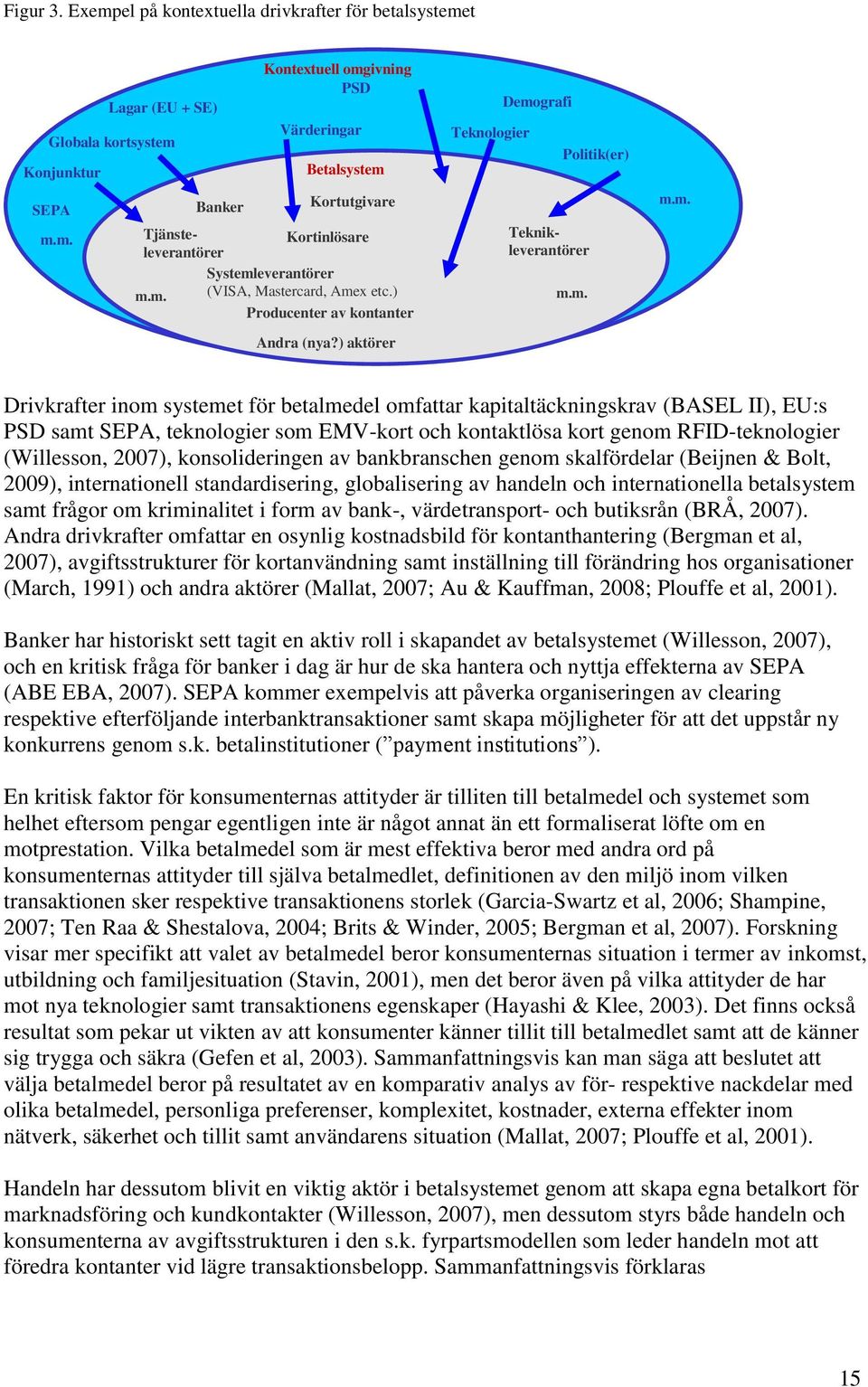 kapitaltäckningskrav (BASEL II), EU:s PSD samt SEPA, teknologier som EMV-kort och kontaktlösa kort genom RFID-teknologier (Willesson, 2007), konsolideringen av bankbranschen genom skalfördelar
