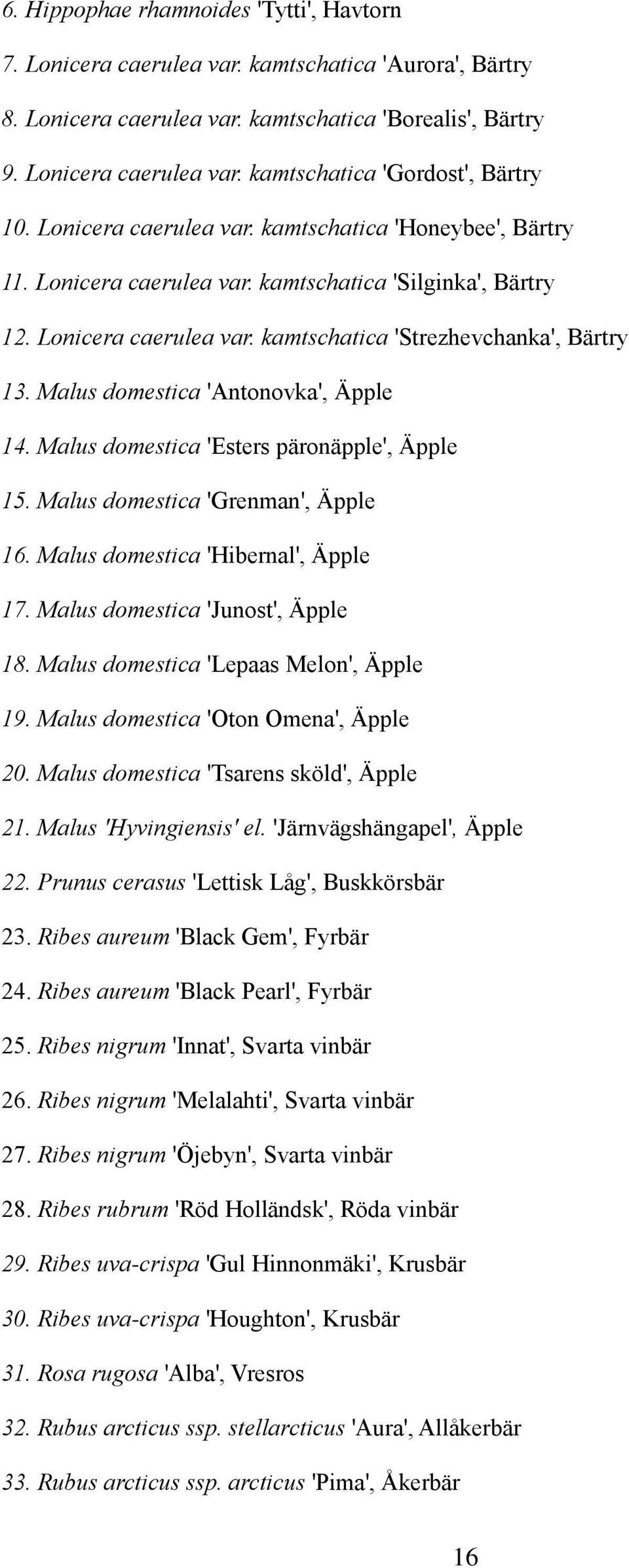 Malus domestica 'Antonovka', Äpple 14. Malus domestica 'Esters päronäpple', Äpple 15. Malus domestica 'Grenman', Äpple 16. Malus domestica 'Hibernal', Äpple 17. Malus domestica 'Junost', Äpple 18.