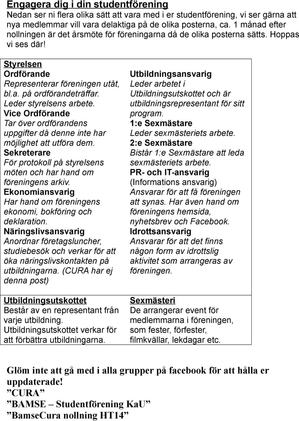 Leder styrelsens arbete. Vice Ordförande Tar över ordförandens uppgifter då denne inte har möjlighet att utföra dem. Sekreterare För protokoll på styrelsens möten och har hand om föreningens arkiv.