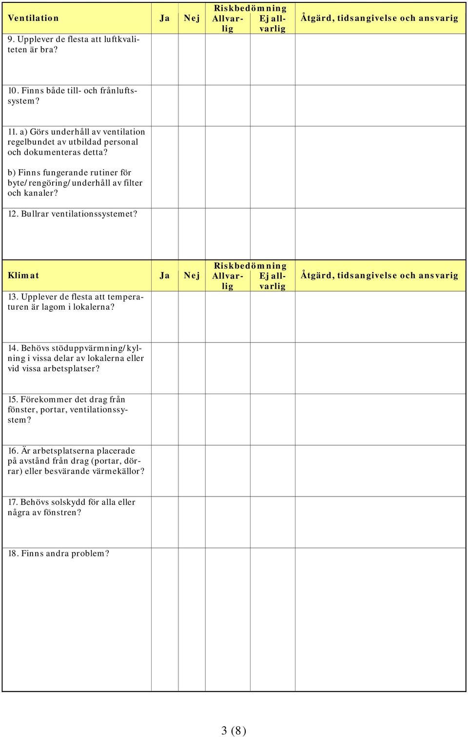 Bullrar ventilationssystemet? Klimat 13. Upplever de flesta att temperaturen är lagom i lokalerna? 14.