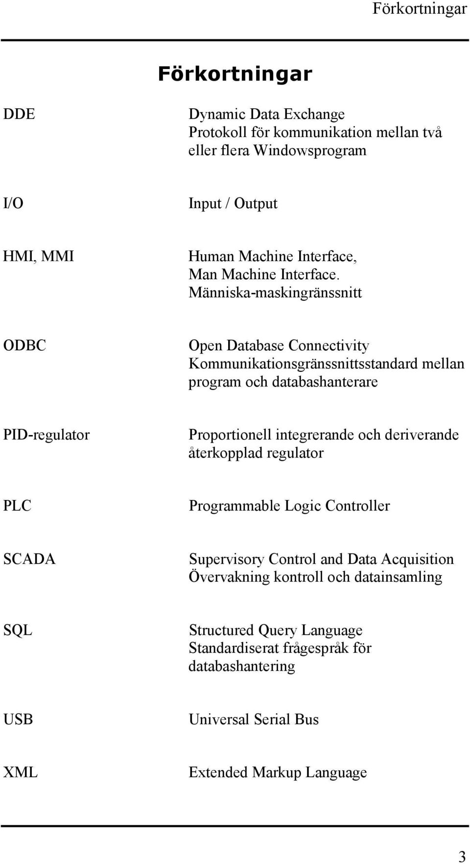 Människa-maskingränssnitt ODBC Open Database Connectivity Kommunikationsgränssnittsstandard mellan program och databashanterare PID-regulator Proportionell