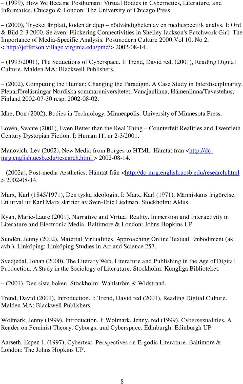 Se även: Flickering Connectivities in Shelley Jackson's Patchwork Girl: The Importance of Media-Specific Analysis. Postmodern Culture 2000:Vol 10, No 2. < http://jefferson.village.virginia.