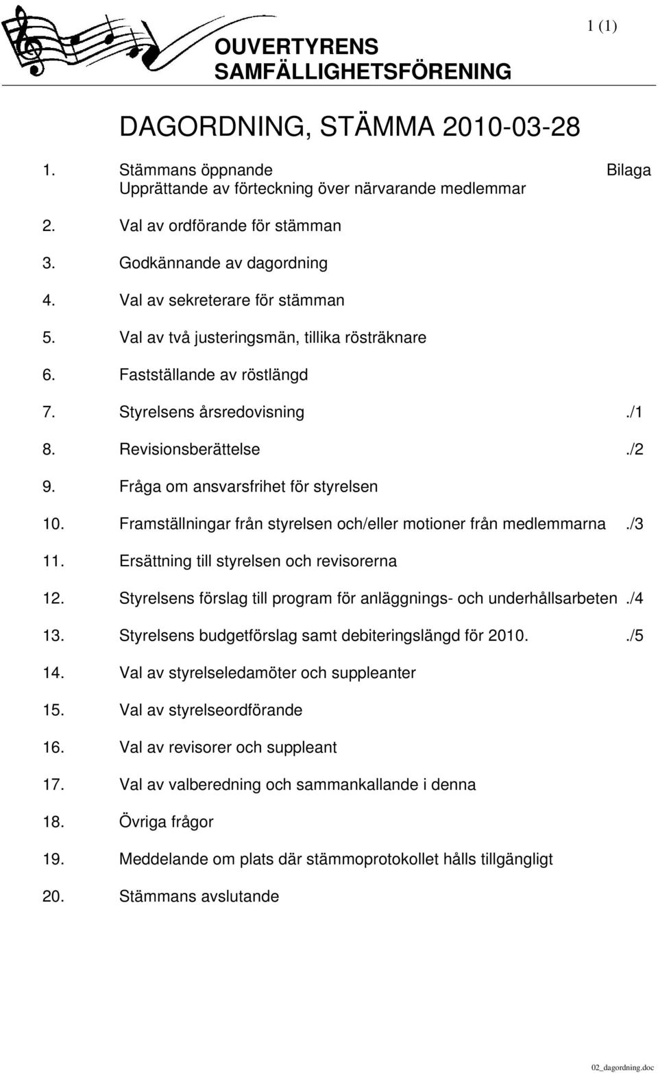 Fråga om ansvarsfrihet för styrelsen 10. Framställningar från styrelsen och/eller motioner från medlemmarna./3 11. Ersättning till styrelsen och revisorerna 12.