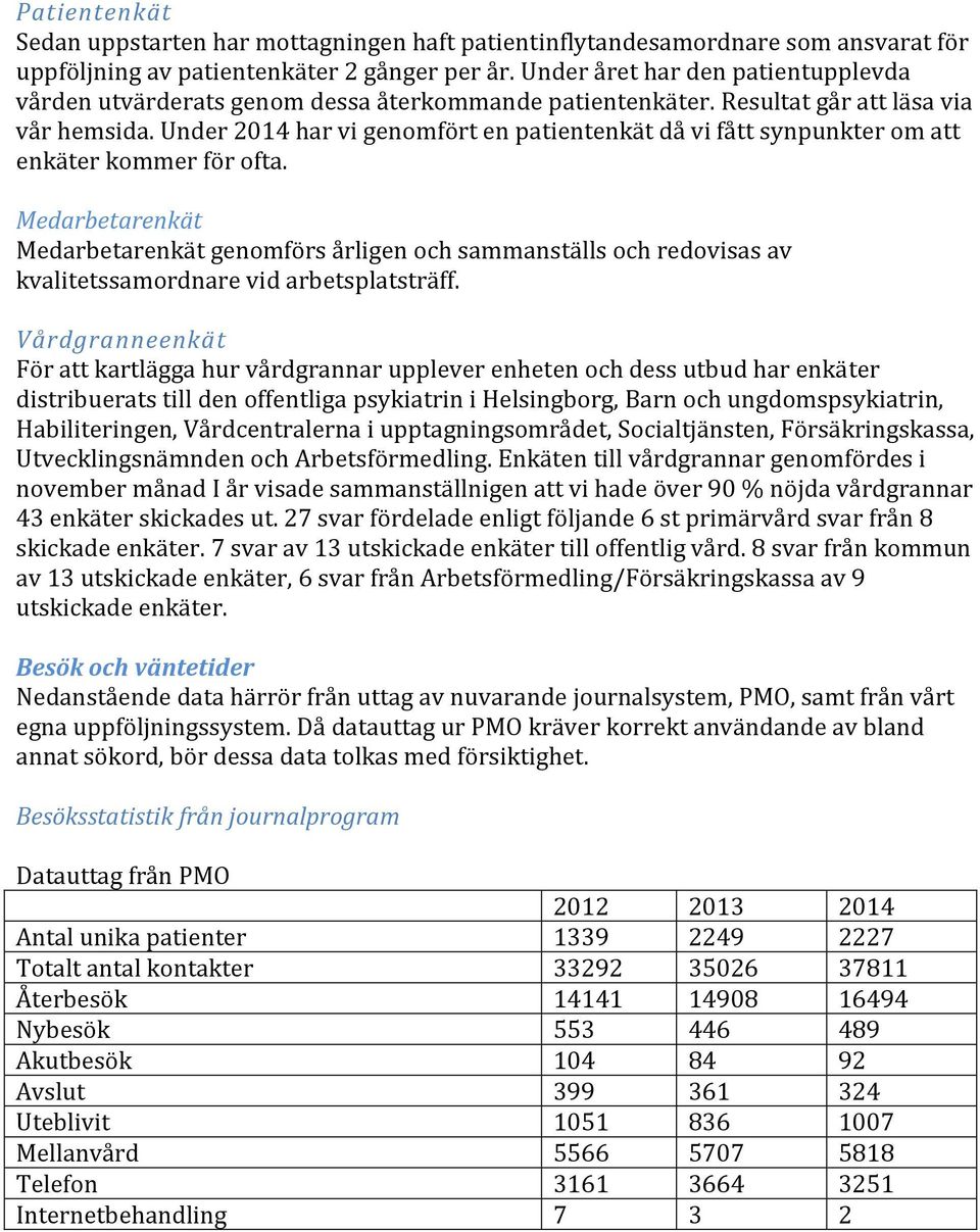 Under 2014 har vi genomfört en patientenkät då vi fått synpunkter om att enkäter kommer för ofta.