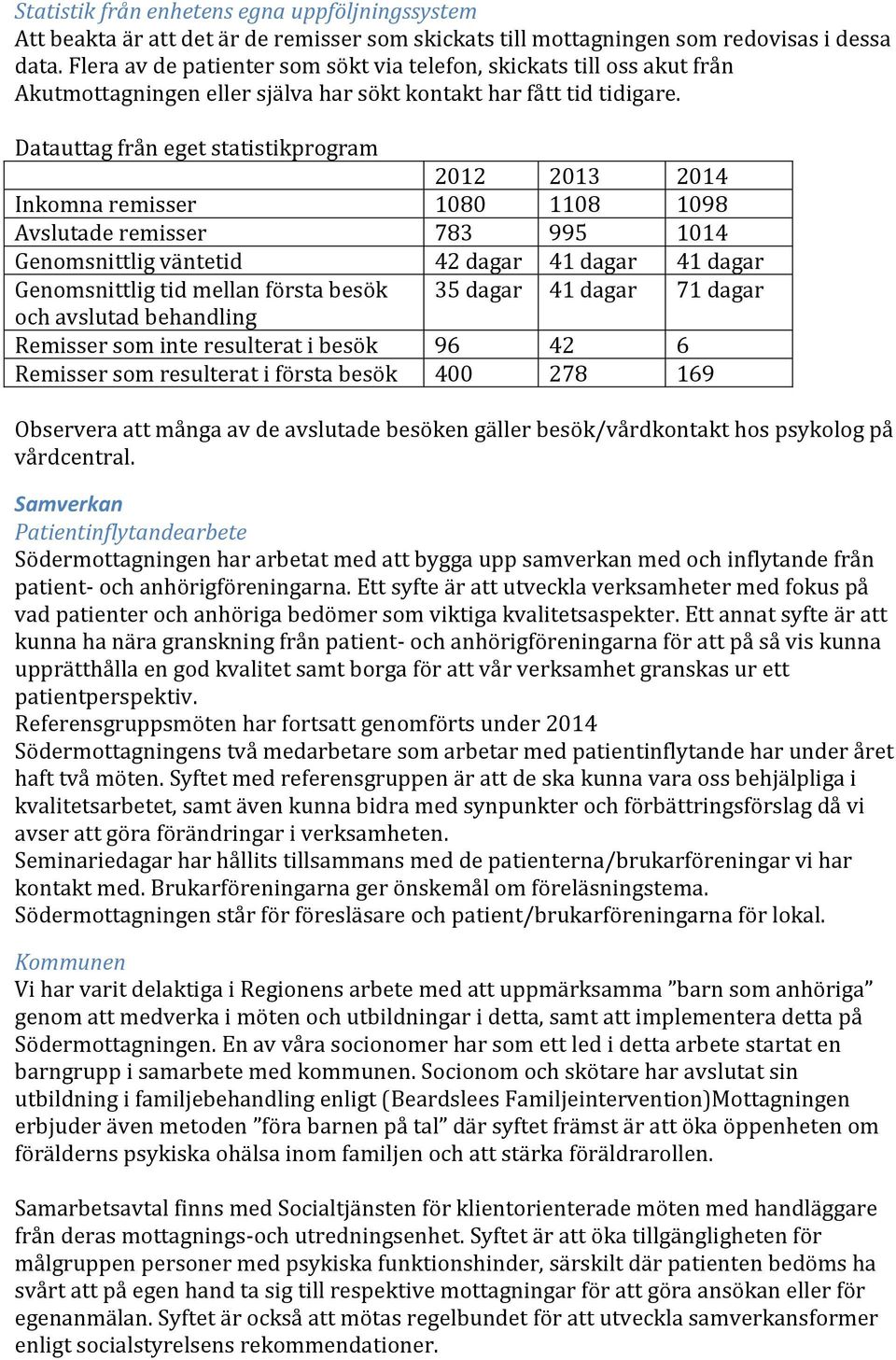 Datauttag från eget statistikprogram 2012 2013 2014 Inkomna remisser 1080 1108 1098 Avslutade remisser 783 995 1014 Genomsnittlig väntetid 42 dagar 41 dagar 41 dagar Genomsnittlig tid mellan första