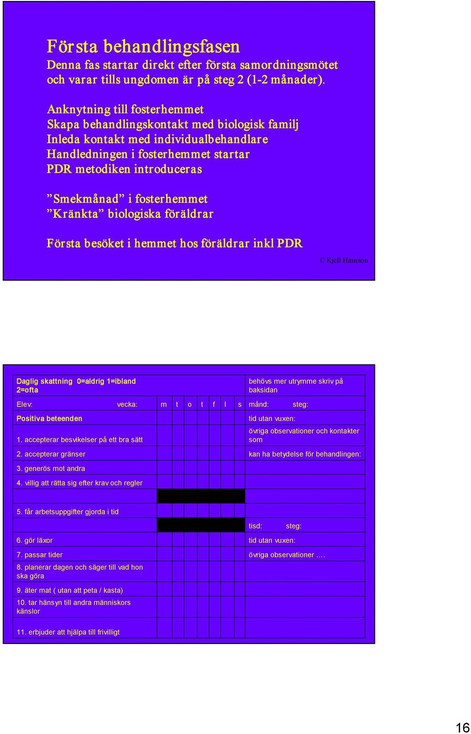 fosterhemmet Kränkta biologiska föräldrar Första besöket i hemmet hos föräldrar inkl PDR Daglig skattning 0=aldrig 1=ibland 2=ofta behövs mer utrymme skriv på baksidan Elev: vecka: m t o t f l s