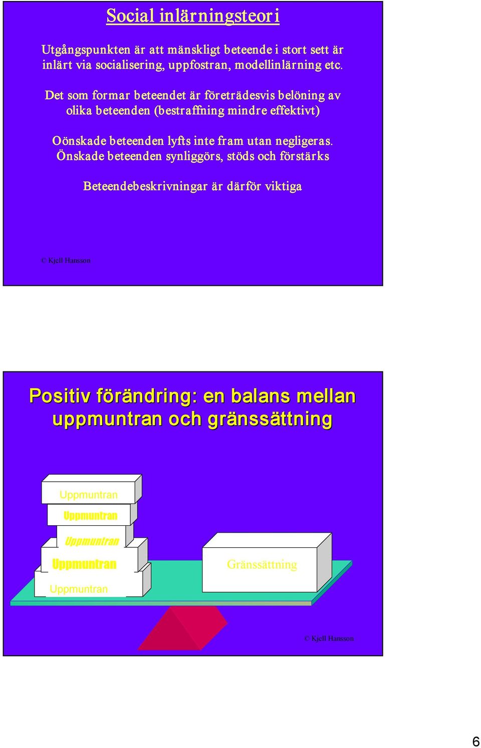 Det som formar beteendet är företrädesvis belöning av olika beteenden (bestraffning mindre effektivt) Oönskade beteenden lyfts inte