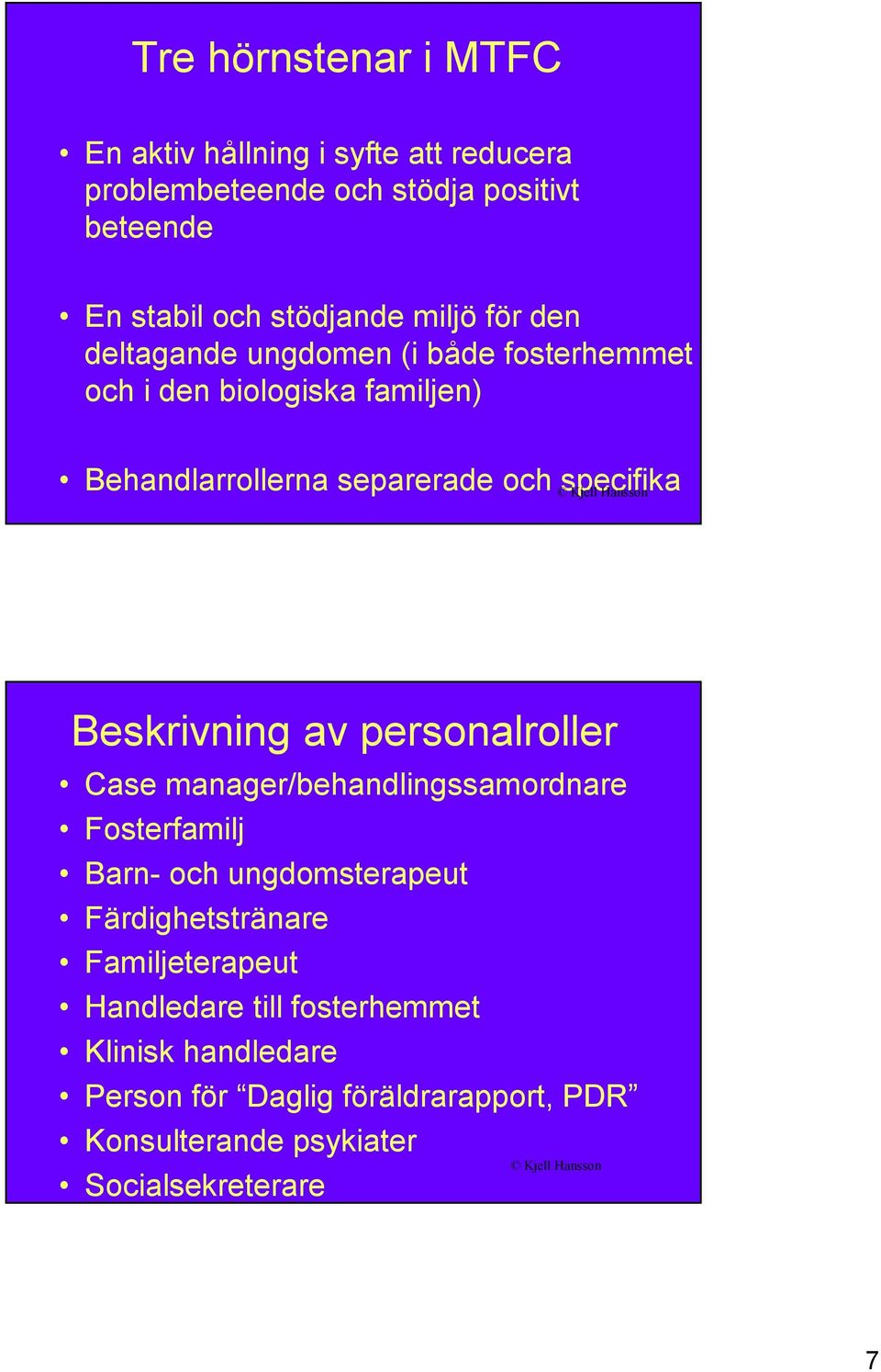 Beskrivning av personalroller Case manager/behandlingssamordnare Fosterfamilj Barn och ungdomsterapeut Färdighetstränare