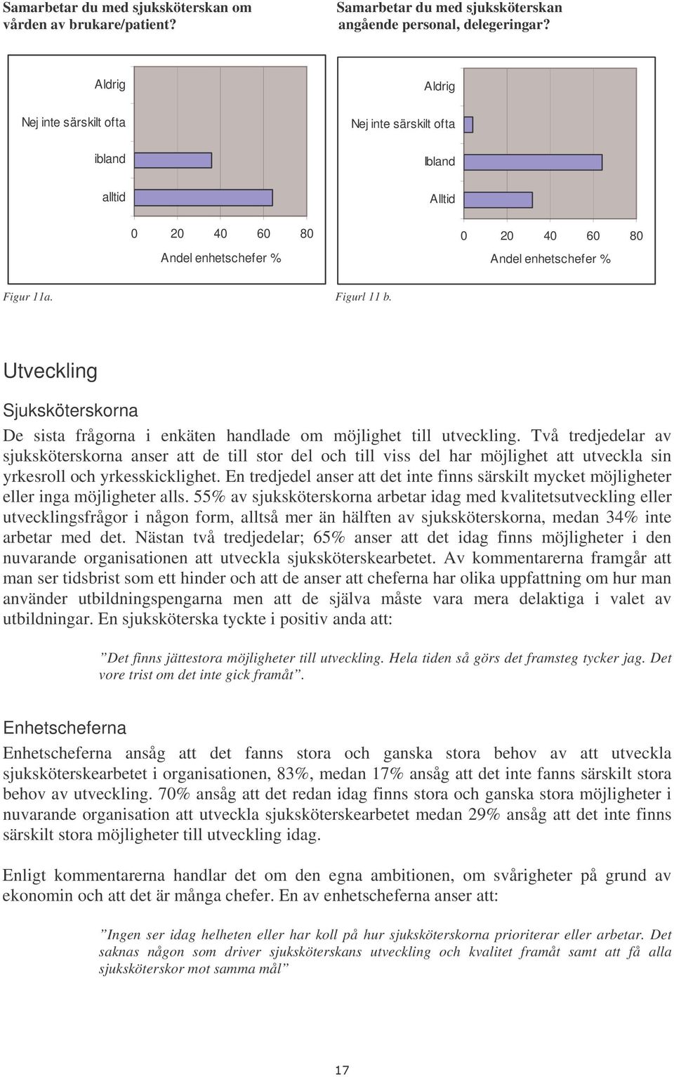 Utveckling Sjuksköterskorna De sista frågorna i enkäten handlade om möjlighet till utveckling.