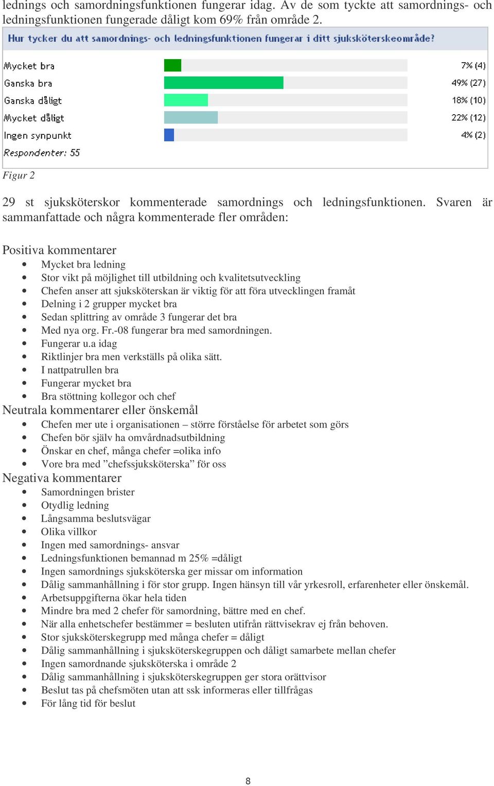 Svaren är sammanfattade och några kommenterade fler områden: Positiva kommentarer Mycket bra ledning Stor vikt på möjlighet till utbildning och kvalitetsutveckling Chefen anser att sjuksköterskan är