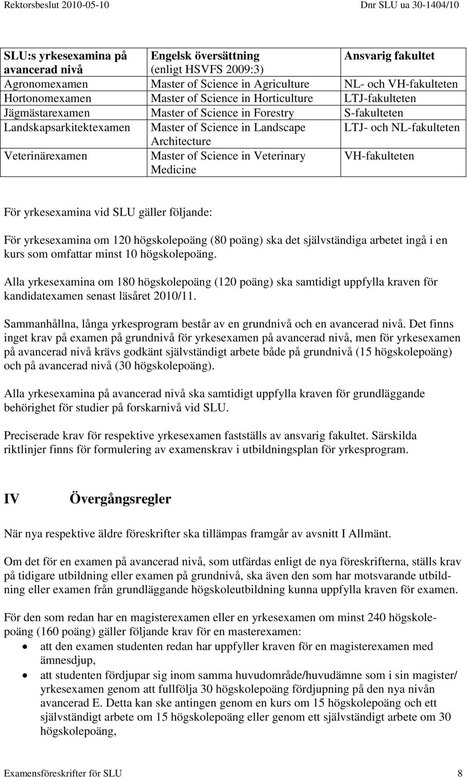 Master of Science in Veterinary Medicine VH-fakulteten För yrkesexamina vid SLU gäller följande: För yrkesexamina om 120 högskolepoäng (80 poäng) ska det självständiga arbetet ingå i en kurs som