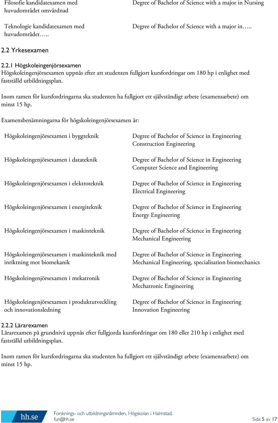 Examensbenämningarna för högskoleingenjörsexamen är: Högskoleingenjörsexamen i byggteknik Högskoleingenjörsexamen i datateknik Högskoleingenjörsexamen i elektroteknik Högskoleingenjörsexamen i