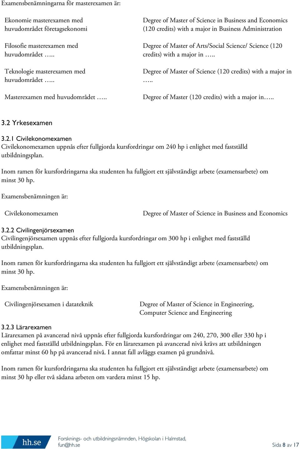 . Degree of Master of Science (120 credits) with a major in.. Degree of Master (120 credits) with a major in.. 3.2 Yrkesexamen 3.2.1 Civilekonomexamen Civilekonomexamen uppnås efter fullgjorda kursfordringar om 240 hp i enlighet med fastställd utbildningsplan.