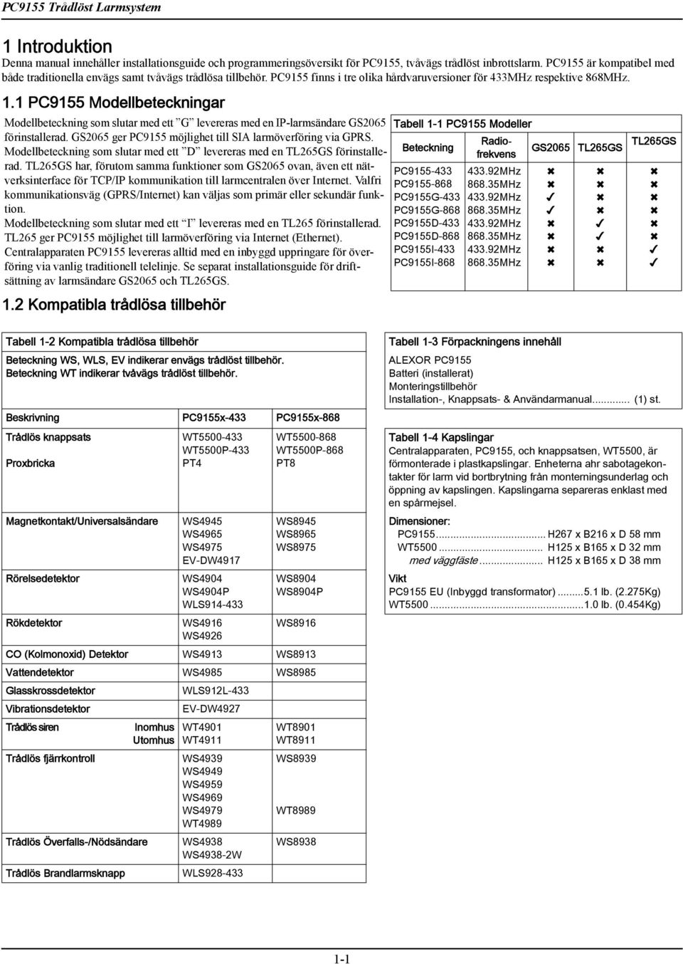 1 PC9155 Modellbetecknngar Modellbetecknng som slutar med ett G levereras med en IP-larmsändare GS2065 förnstallerad. GS2065 ger PC9155 möjlghet tll SIA larmöverförng va GPRS.