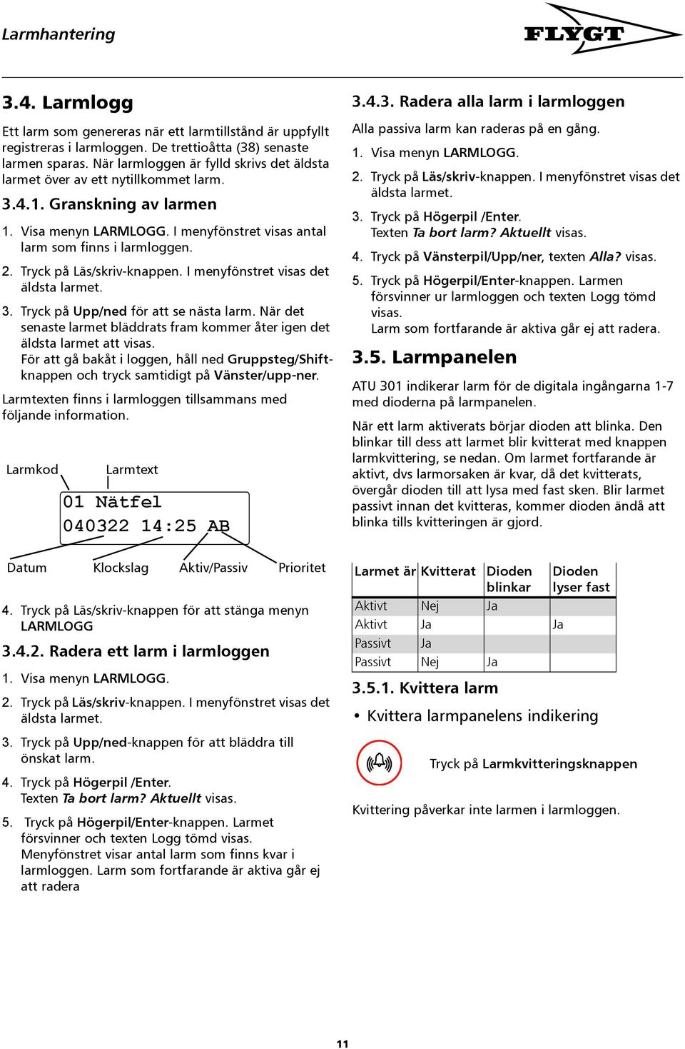 Tryck på Läs/skriv-knappen. I menyfönstret visas det äldsta larmet. 3. Tryck på Upp/ned för att se nästa larm. När det senaste larmet bläddrats fram kommer åter igen det äldsta larmet att visas.