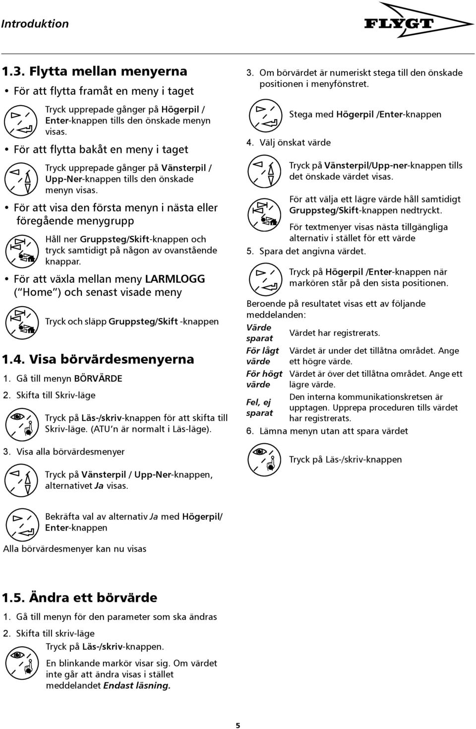 För att visa den första menyn i nästa eller föregående menygrupp Håll ner Gruppsteg/Skift-knappen och tryck samtidigt på någon av ovanstående knappar.