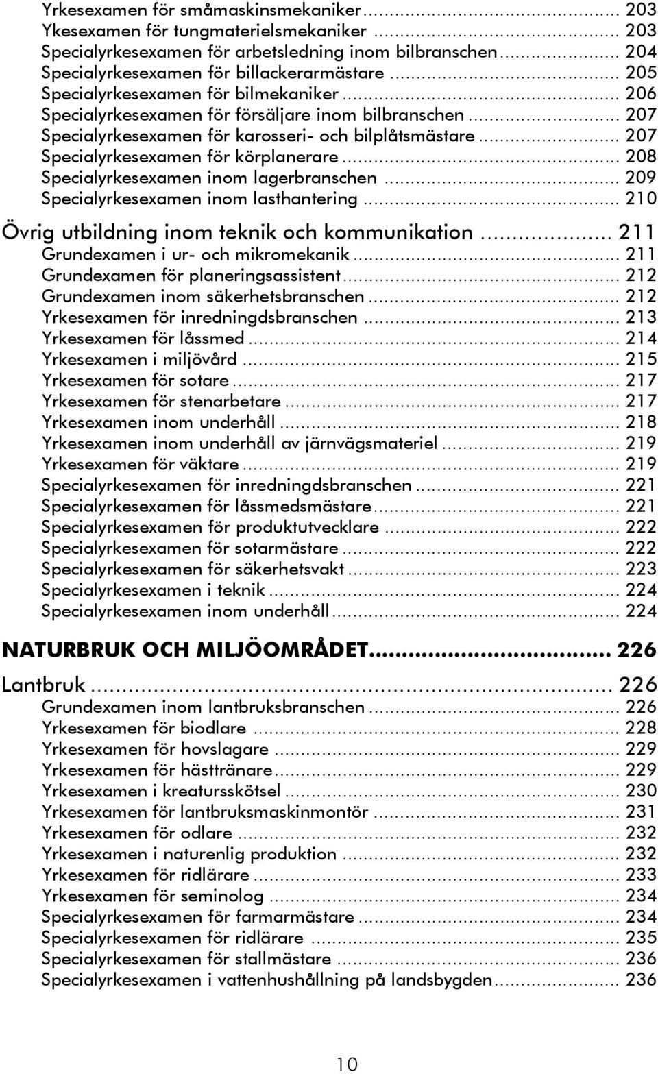 .. 207 Specialyrkesexamen för körplanerare... 208 Specialyrkesexamen inom lagerbranschen... 209 Specialyrkesexamen inom lasthantering... 210 Övrig utbildning inom teknik och kommunikation.