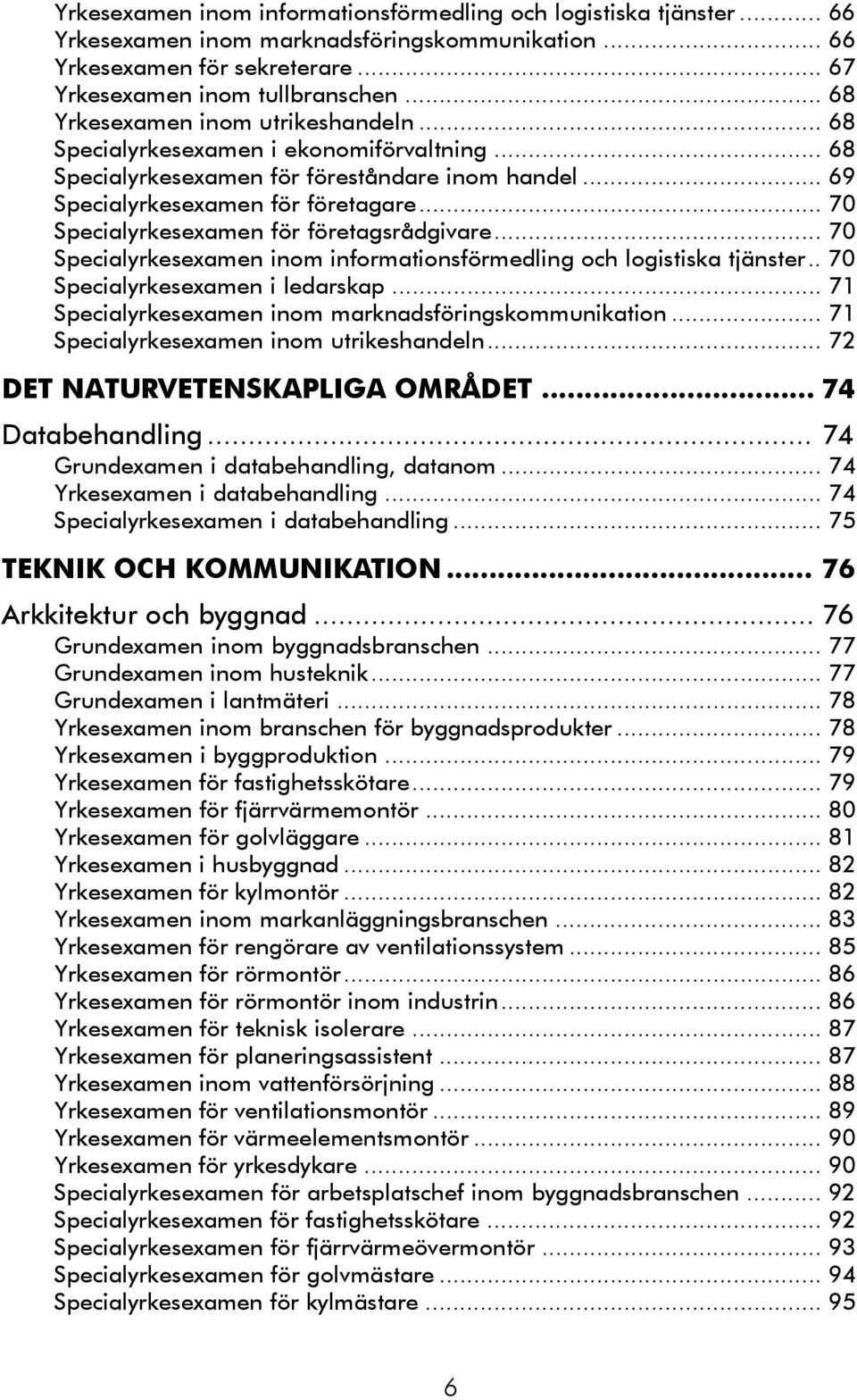 .. 70 Specialyrkesexamen för företagsrådgivare... 70 Specialyrkesexamen inom informationsförmedling och logistiska tjänster.. 70 Specialyrkesexamen i ledarskap.