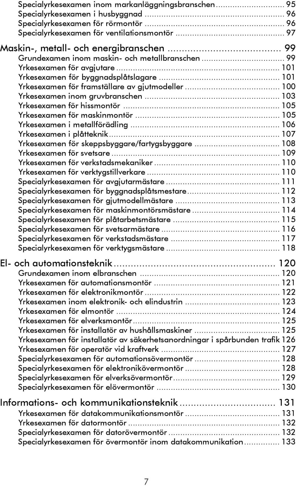 .. 101 Yrkesexamen för framställare av gjutmodeller... 100 Yrkesexamen inom gruvbranschen... 103 Yrkesexamen för hissmontör... 105 Yrkesexamen för maskinmontör... 105 Yrkesexamen i metallförädling.