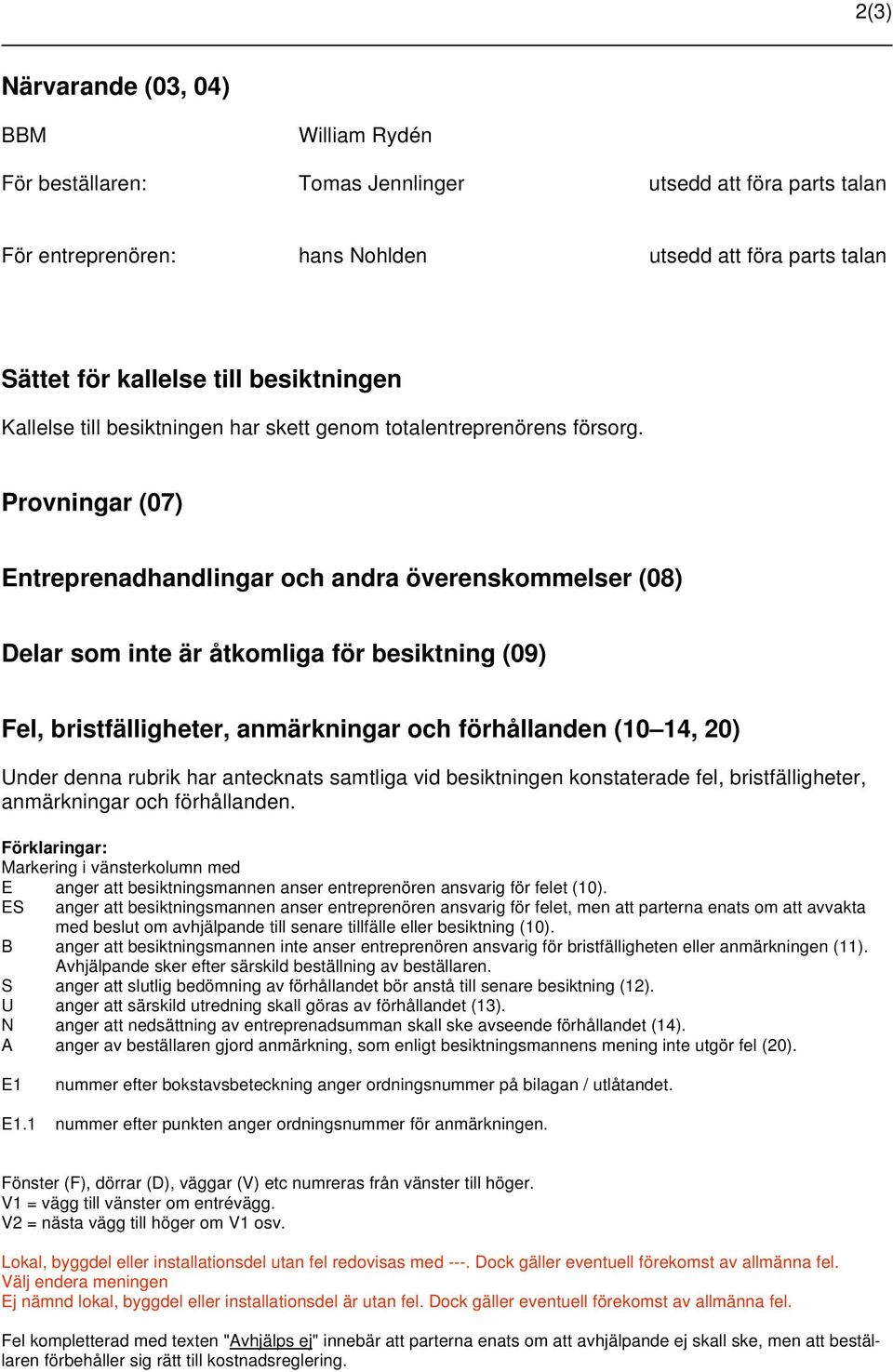 Provningar (07) Entreprenadhandlingar och andra överenskommelser (08) Delar som inte är åtkomliga för besiktning (09) Fel, bristfälligheter, anmärkningar och förhållanden (10 14, 20) Under denna