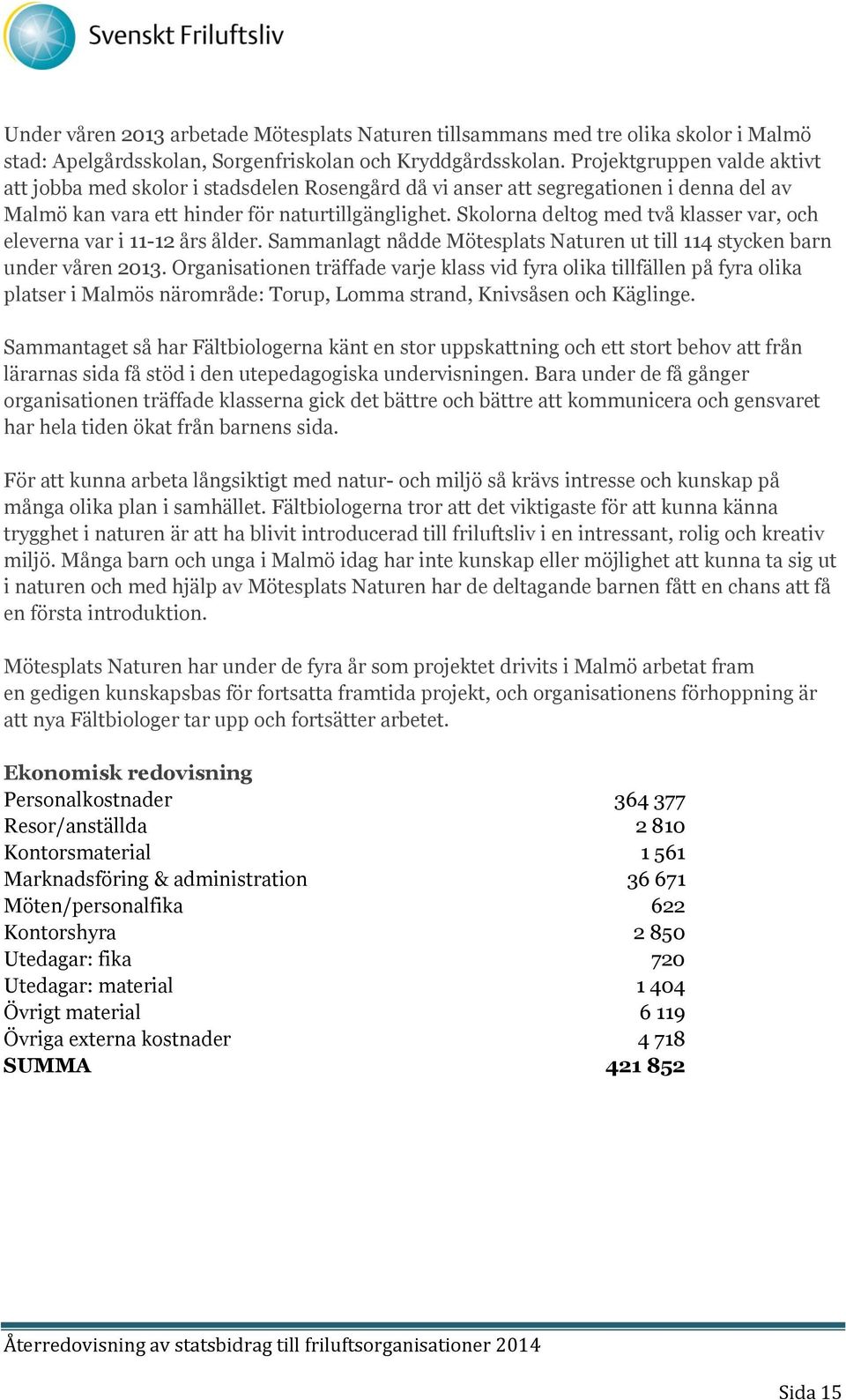 Skolorna deltog med två klasser var, och eleverna var i 11-12 års ålder. Sammanlagt nådde Mötesplats Naturen ut till 114 stycken barn under våren 2013.