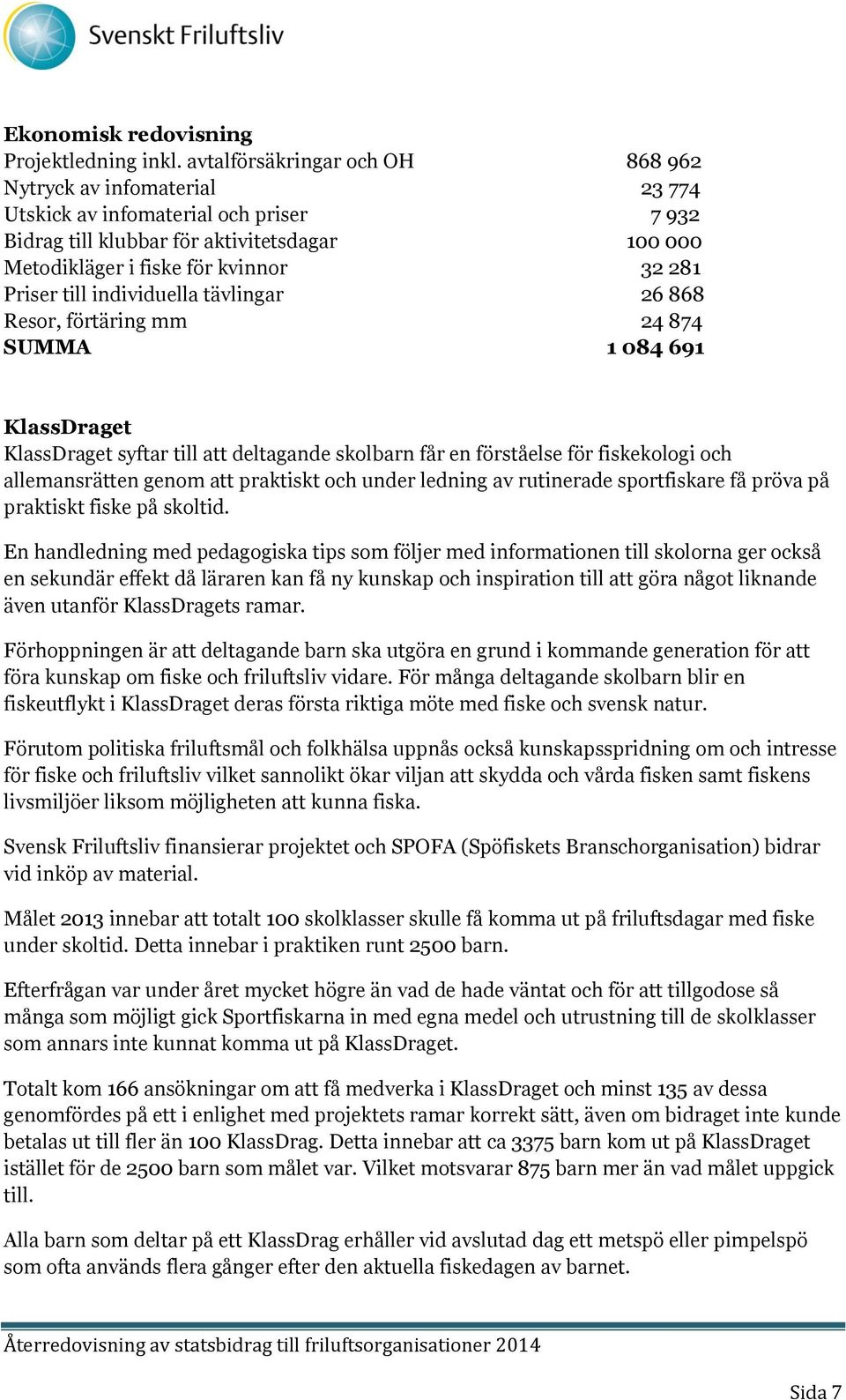 till individuella tävlingar 26 868 Resor, förtäring mm 24 874 SUMMA 1 084 691 KlassDraget KlassDraget syftar till att deltagande skolbarn får en förståelse för fiskekologi och allemansrätten genom