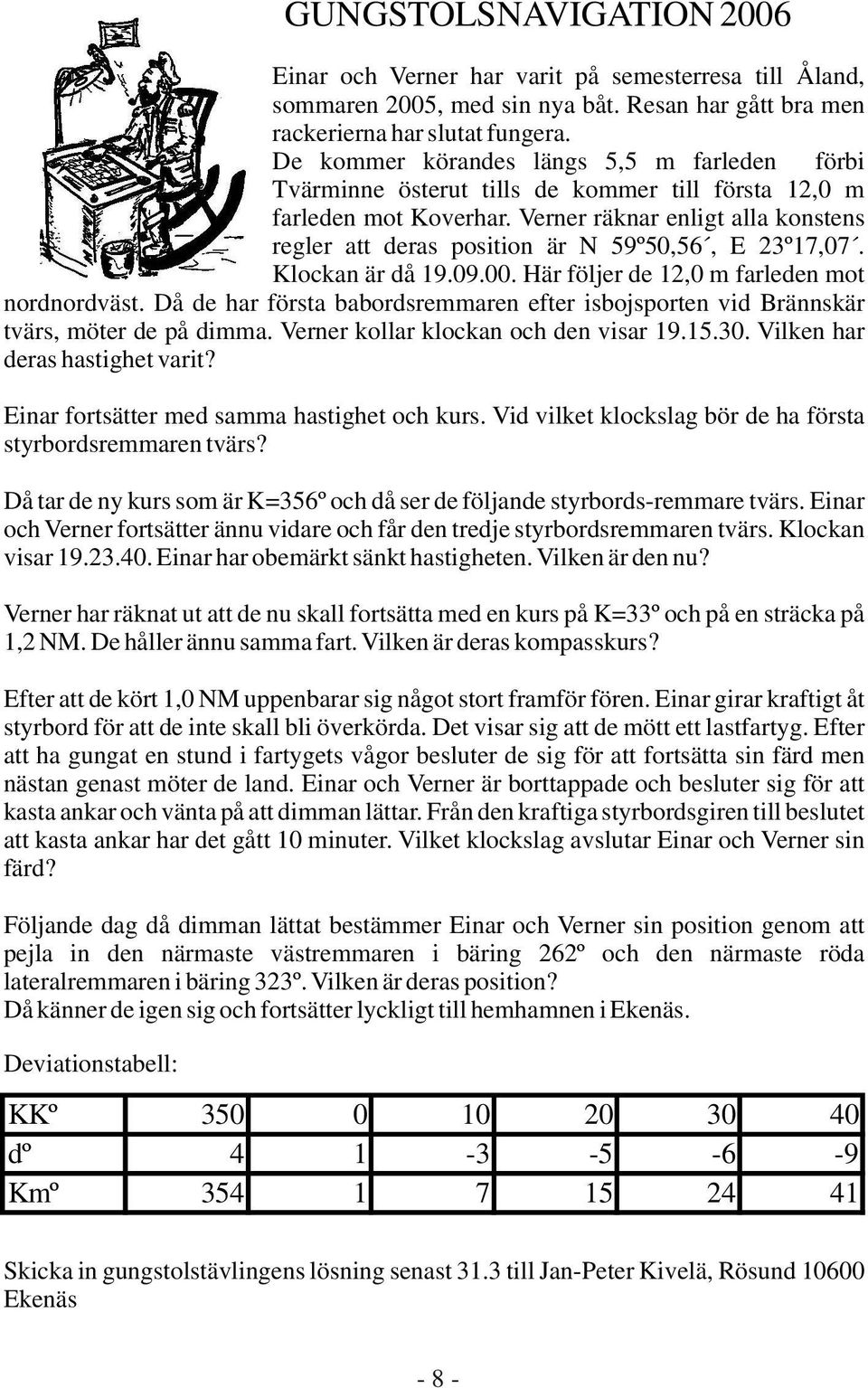 Verner räknar enligt alla konstens regler att deras position är N 59º50,56, E 23º17,07. Klockan är då 19.09.00. Här följer de 12,0 m farleden mot nordnordväst.