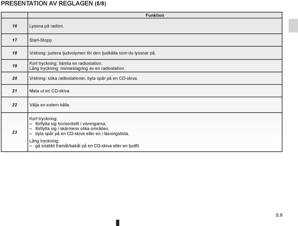 Lång tryckning: minneslagring av en radiostation. 20 Vridning: söka radiostationer, byta spår på en CD-skiva. 21 Mata ut en CD-skiva.