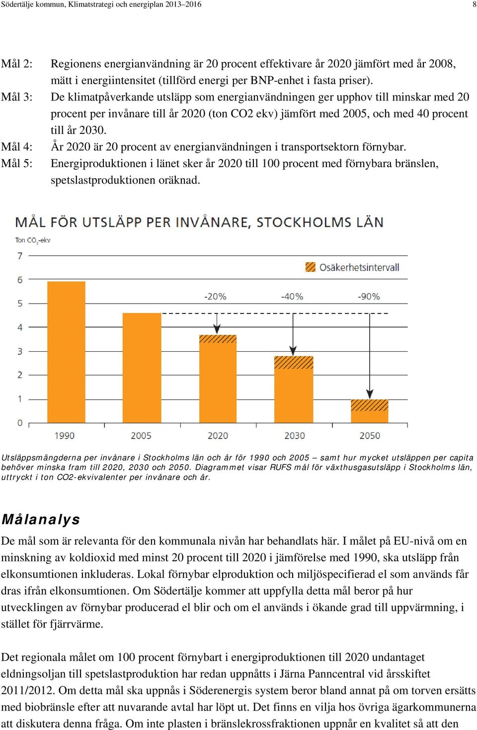 Mål 3: De klimatpåverkande utsläpp som energianvändningen ger upphov till minskar med 20 procent per invånare till år 2020 (ton CO2 ekv) jämfört med 2005, och med 40 procent till år 2030.