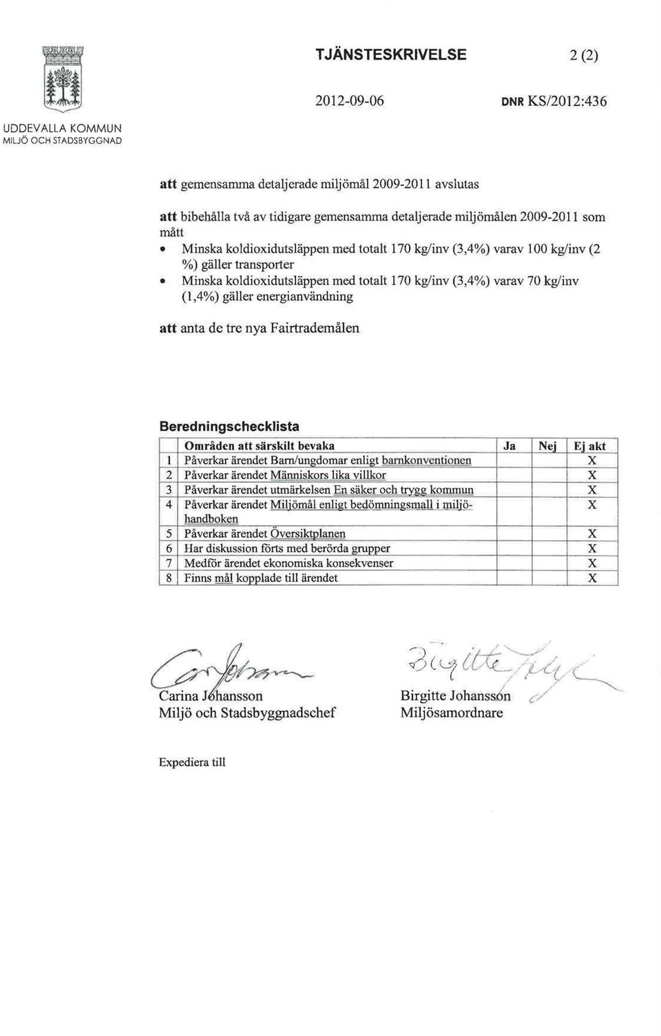 70 kg/inv (t,4%) gäller energianvändning att anta de tre nya Fairtrademålen Beredningschecklista Områden att särskilt bevaka Ja Nej Ej akt l Påverkar ärendet Barn/ungdomar enligt barnkonventionen x 2