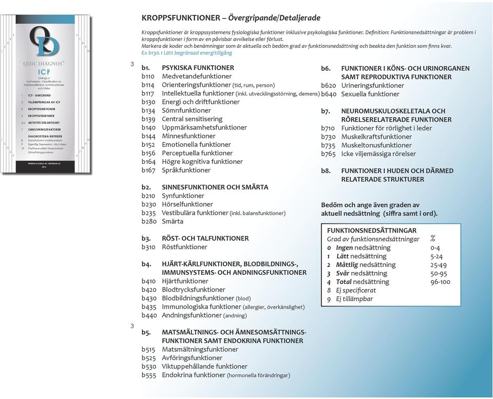 Markera de koder och benämningar som är aktuella och bedöm grad av funktionsnedsättning och beakta den funktion som finns kvar. Ex b0.