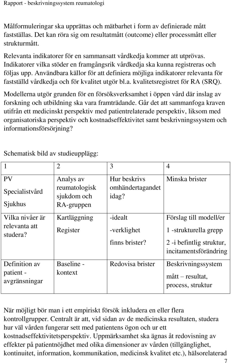 Användbara källor för att definiera möjliga indikatorer relevanta för fastställd vårdkedja och för kvalitet utgör bl.a. kvalitetsregistret för RA (SRQ).