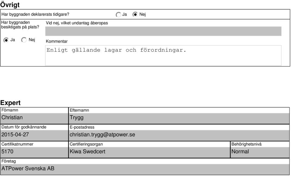 Expert Förnamn Christian Efternamn Trygg Datum för godkännande 2015-04-27 Certifikatnummer 5170