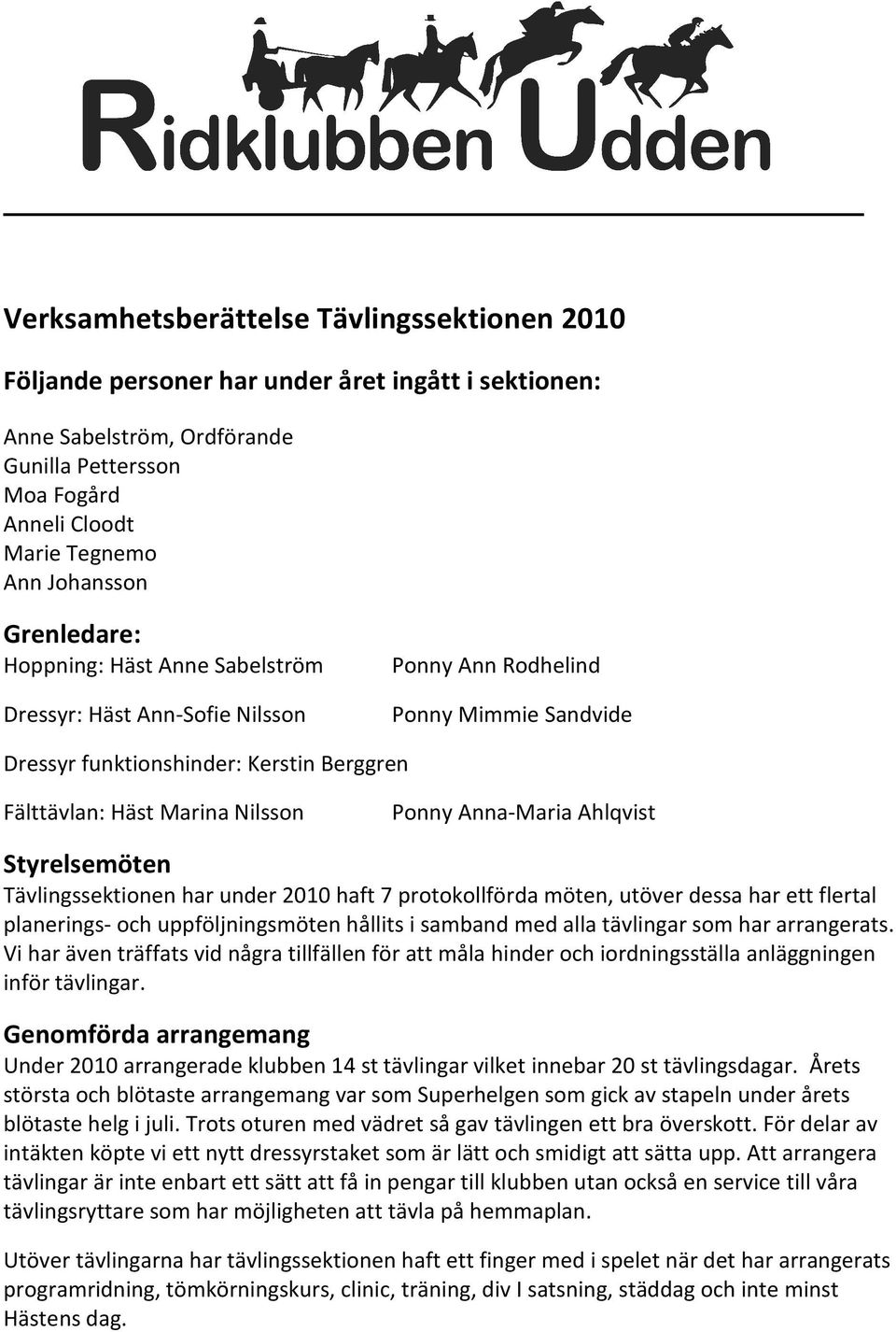 Anna-Maria Ahlqvist Styrelsemöten Tävlingssektionen har under 2010 haft 7 protokollförda möten, utöver dessa har ett flertal planerings- och uppföljningsmöten hållits i samband med alla tävlingar som