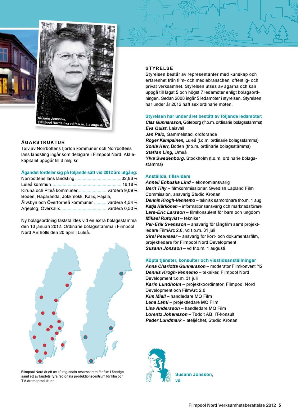 Susann Jonsson, Filmpool Nords nya vd fr.o.m. 1:a augusti Ägarstruktur Tolv av Norrbottens fjorton kommuner och Norrbottens läns landsting ingår som delägare i Filmpool Nord.