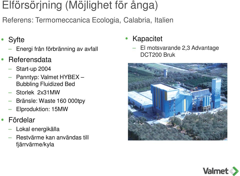 Fluidized Bed Storlek 2x31MW Bränsle: Waste 160 000tpy Elproduktion: 15MW Kapacitet El